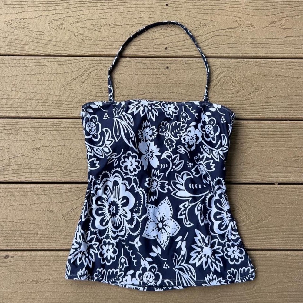 Vintage Halter Tankini Top & Swim Skirt Swimsuit Set Navy Floral Size 12